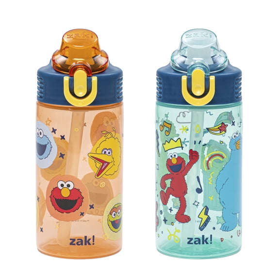 Zak Designs Sesame Street Sage Kids Water Bottle For School or Travel, 16oz Durable Plastic Water Bottle With Straw and Leak-Proof, Pop-Up Spout Cover, BPA Free, 2-Pack (Elmo & Friends)