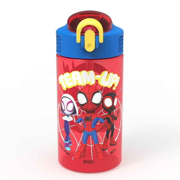 Zak Designs Spider-Man and His Amazing Friends 16 ounce Reusable Plastic Water Bottle with Straw, Spider-Friends
