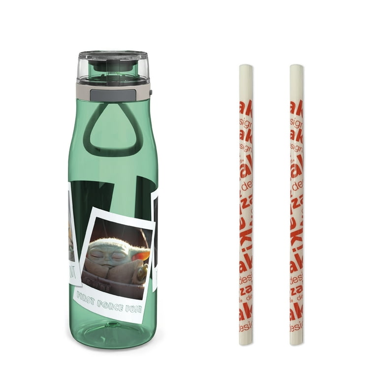 Zak Designs Star Wars The Mandalorian Plastic Water Bottle with Push Button Action, Locking Lid, and Portable Carry Loop, Includes 2 Reusable Straws