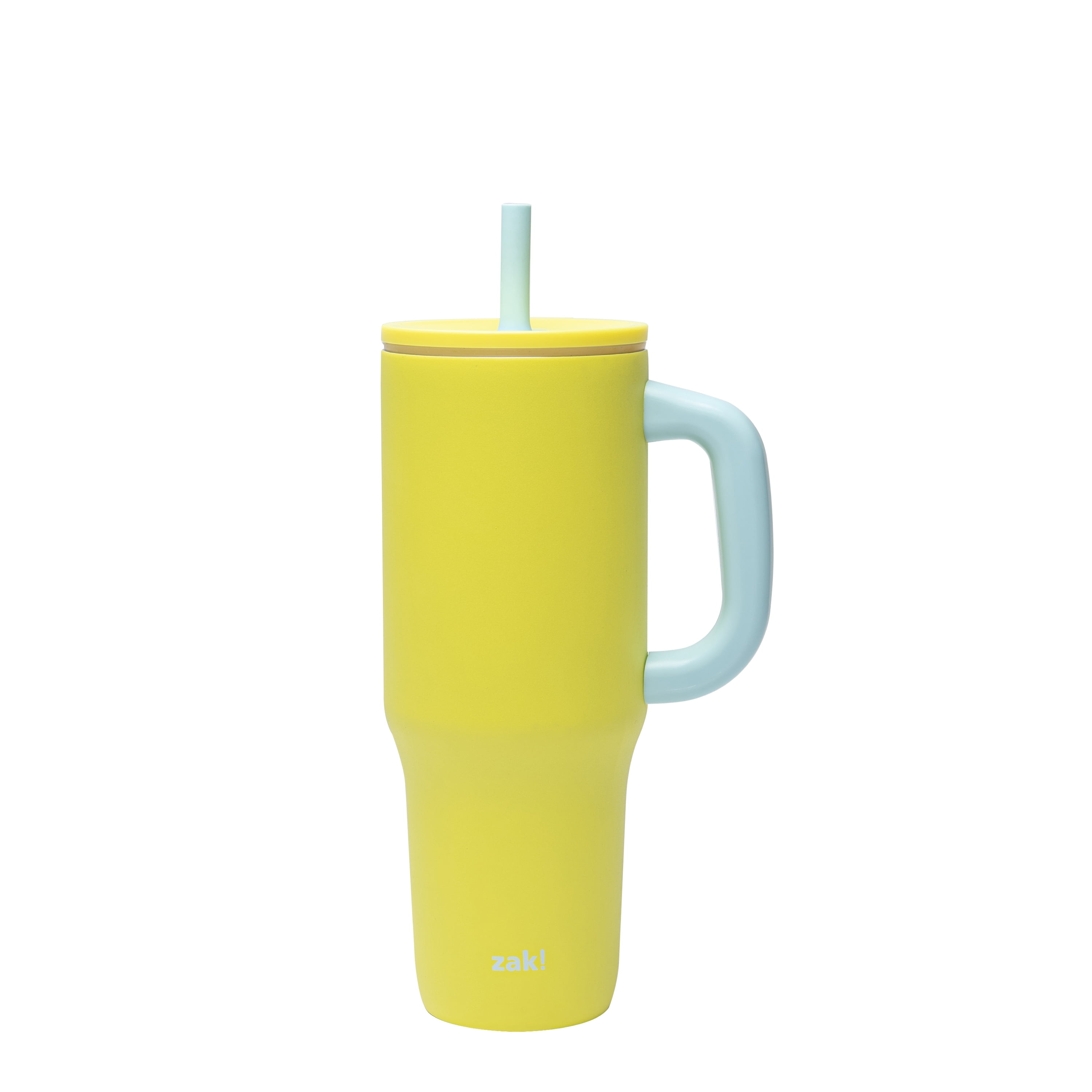 Zak Designs Sutton Travel Tumbler for On the Go, 40oz Stainless Steel with Vacuum Insulation, Silicone Straw, and Carry Handle for Cold Drinks (Sunflower Yellow)