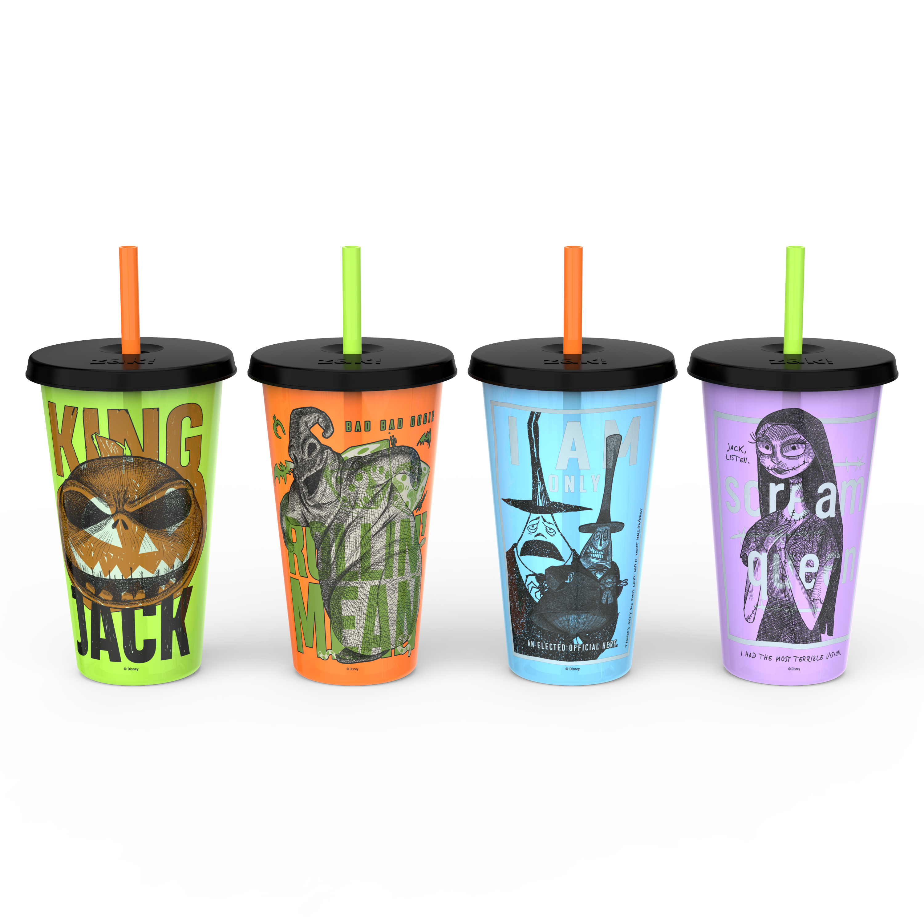Zak Designs The Nightmare Before Christmas 25 ounce Reusable Plastic Tumbler, Jack the Pumpkin King, Sally and Friends, 4-piece set