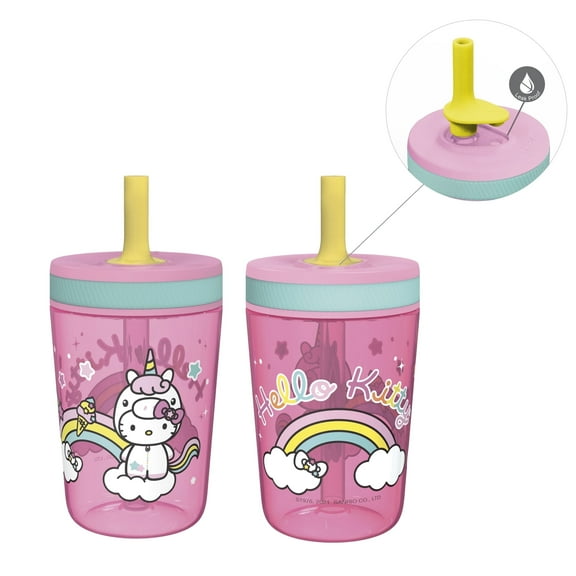 Zak designs 15oz Hello Kitty Kelso Travel Straw Tumbler Plastic and Silicone with Leak-Proof Straw Valve for Kids, 2pcs Set, Hello Kitty