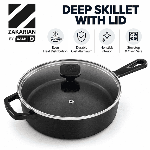 Zakarian by Dash Deep Skillet with Lid, Cast Aluminum, Nonstick Interior, Stovetop and Oven Safe