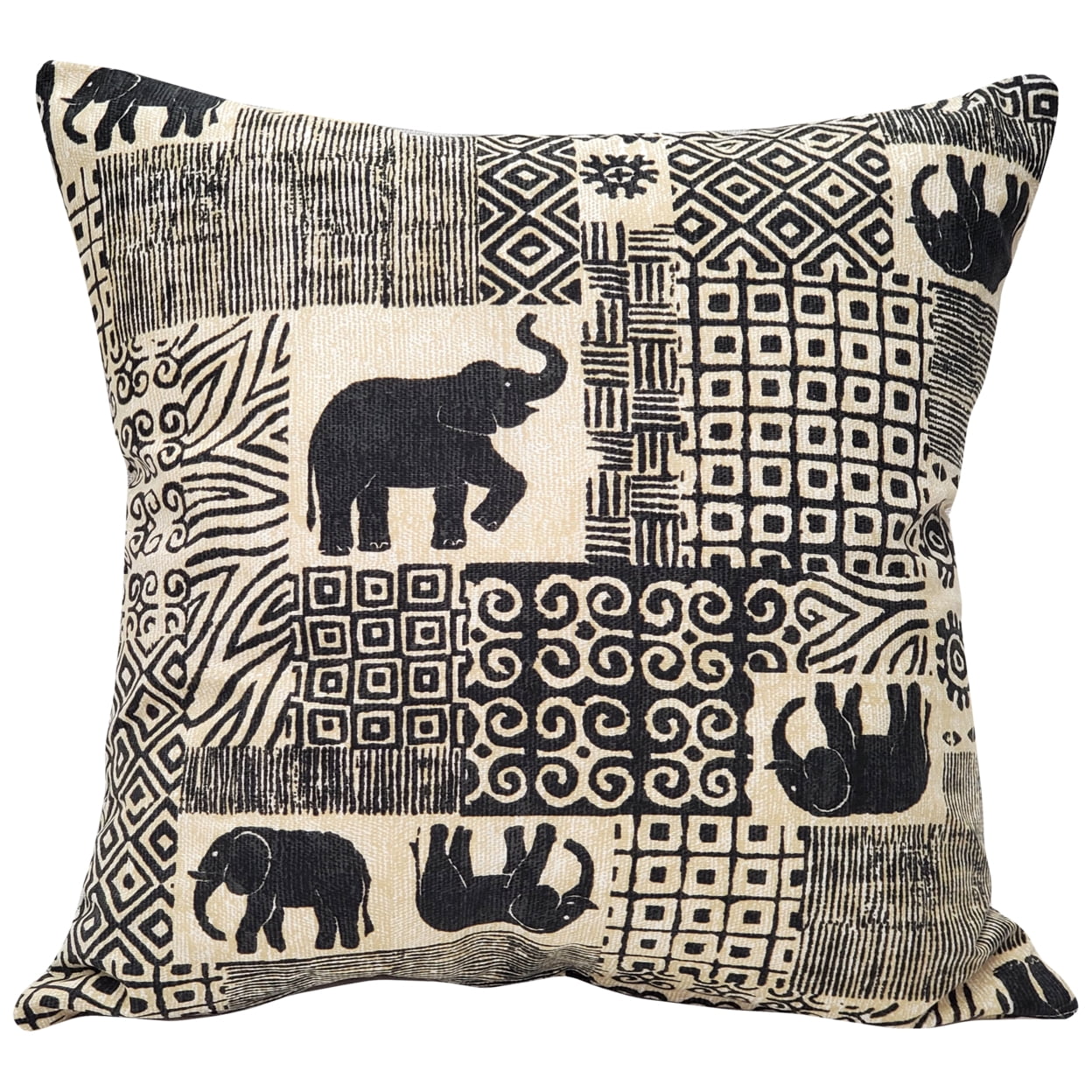 Zakouma Black and Cream Cotton Blend Elephant Throw Pillow