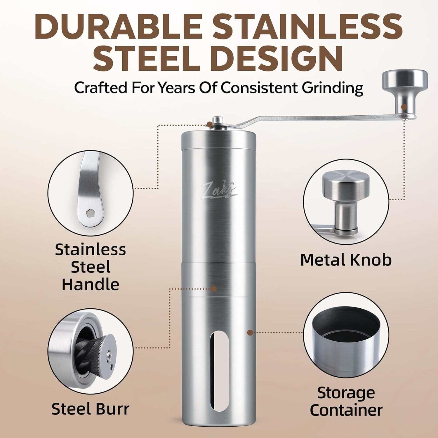 ZaksCoffee Manual Coffee Grinder Stainless Steel  with 11 Settings for Home Travel