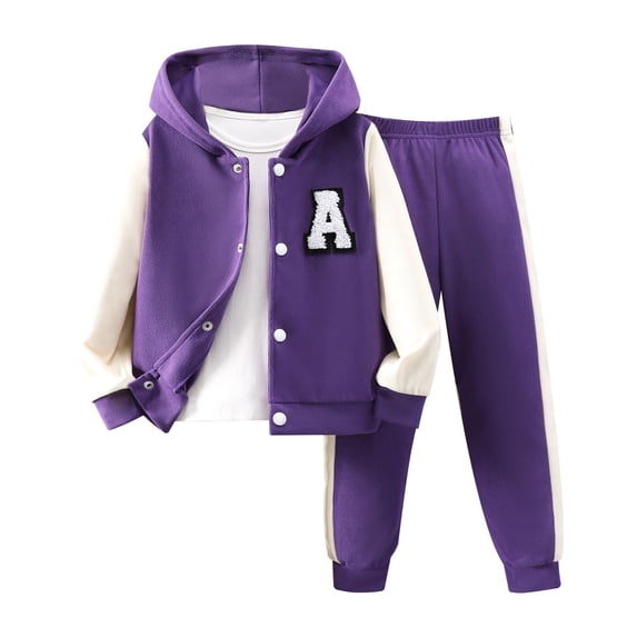 Zaldita 2pcs Kids Boys Girls Sports Tracksuit Long Sleeve Hooded Baseball Jacket Athletic Swetashirt with Jogging Pants Set Purple 6-7