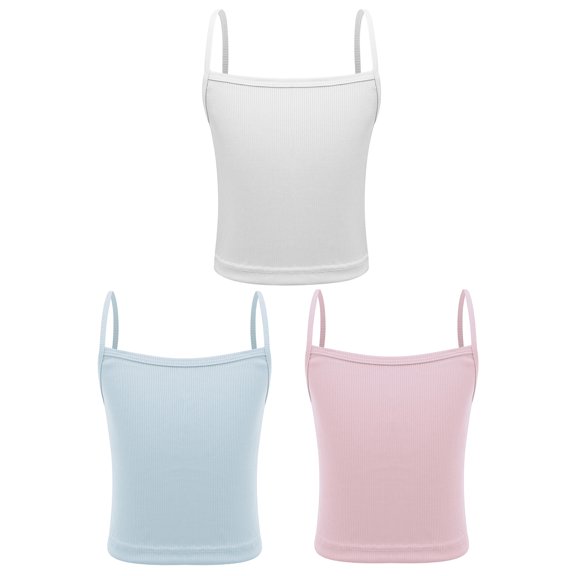 Zaldita 3Pcs Kids Girls Sports Dance Tops Spaghetti Straps Sleeveless Crop Top Solid Color Ribbed White&Light Blue&Pink M