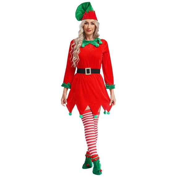Zaldita 6Pcs Women Men Christmas Elf Suit Unisex Adult Santa Claus Dress with Accessories Set Red 160/L