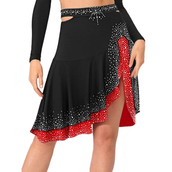 Zaldita Aislor Womens Latin Salsa Tango Dance Skirt Shinny Rhinestones Ruffled Skirt Black L