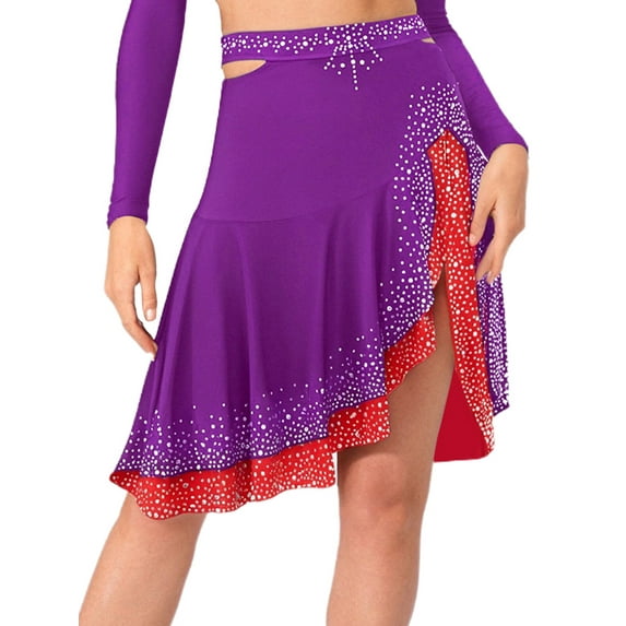 Zaldita Aislor Womens Latin Salsa Tango Dance Skirt Shinny Rhinestones Ruffled Skirt Purple M