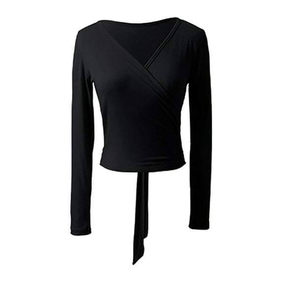 Zaldita Ballet Wrap Top Dance Long Sleeve Self Tie at Back Cardigan for Women Crochet Dance Tops Black S