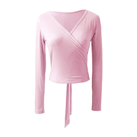 Zaldita Ballet Wrap Top Dance Long Sleeve Self Tie at Back Cardigan for Women Crochet Dance Tops Pink S