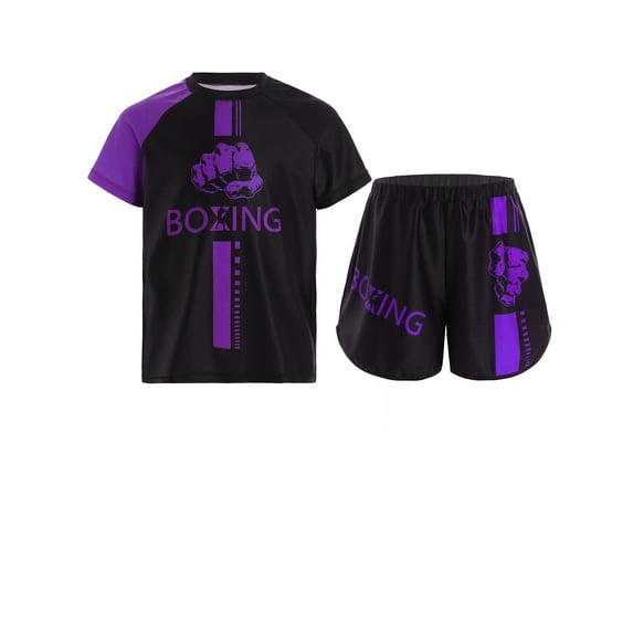 Zaldita Boys 2 Piece Boxing Uniform Sets Kids Training Kick Boxing Trunks Quickly -dry Sports Shirts Purple 6