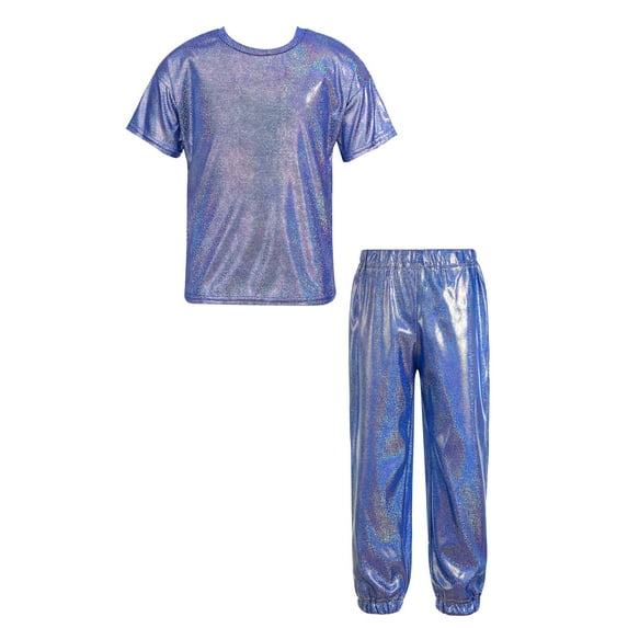 Zaldita Boys Girls Hip Hop Outfit Tracksuit Kids Shiny Metallic Shirts and Street Pants Bottoms Set Royal Blue 3-4