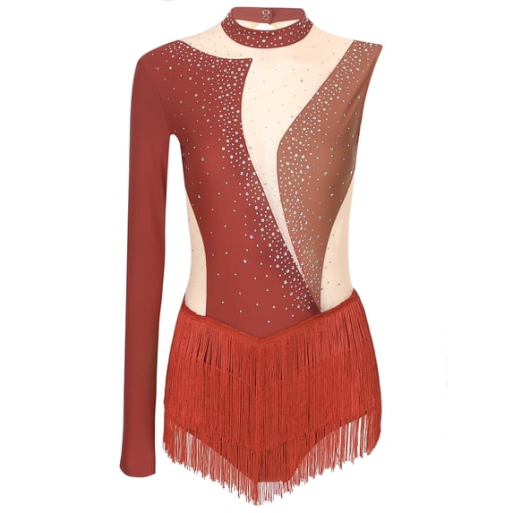 Zaldita Figure Skating Dress Women Sparkling Rhinestone Fringed Leotard Dance Performance Competition Brown XXL