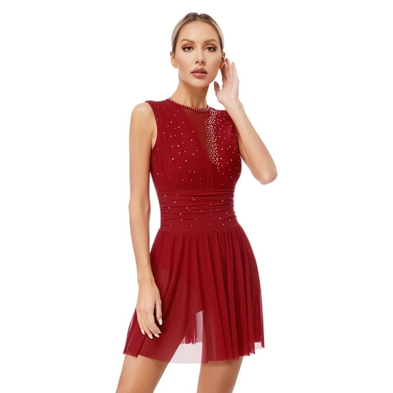 Zaldita Figure Skating Dress for Women Ice Skating Dress Shiny Rhinestone Dance Leotard Skirt Burgundy XL