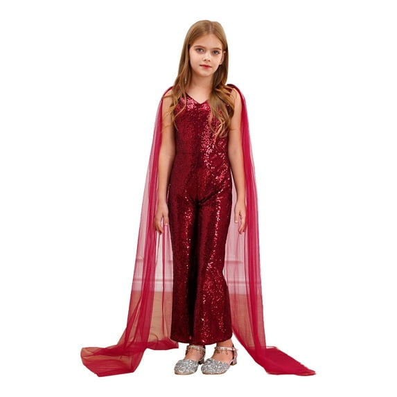 Zaldita Flower Girls Sequin Glitter Romper V-Neck Cape Sleeve High Waist Wide Leg Jumpsuit Long Pants Burgundy 6