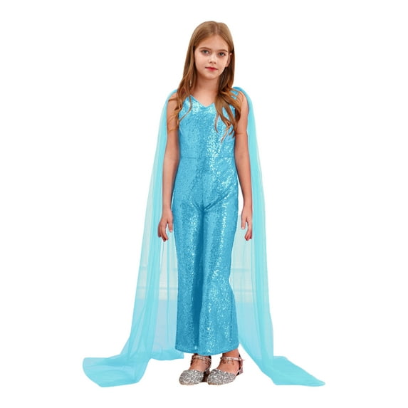 Zaldita Flower Girls Sequin Glitter Romper V-Neck Cape Sleeve High Waist Wide Leg Jumpsuit Long Pants Light Blue 14