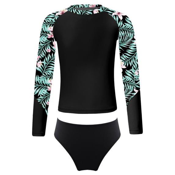 Zaldita Girl 2 Piece Swimsuit Rashguard Set Summer Beach Tankini Long Sleeve Shirts and Bikini Green&Black 10