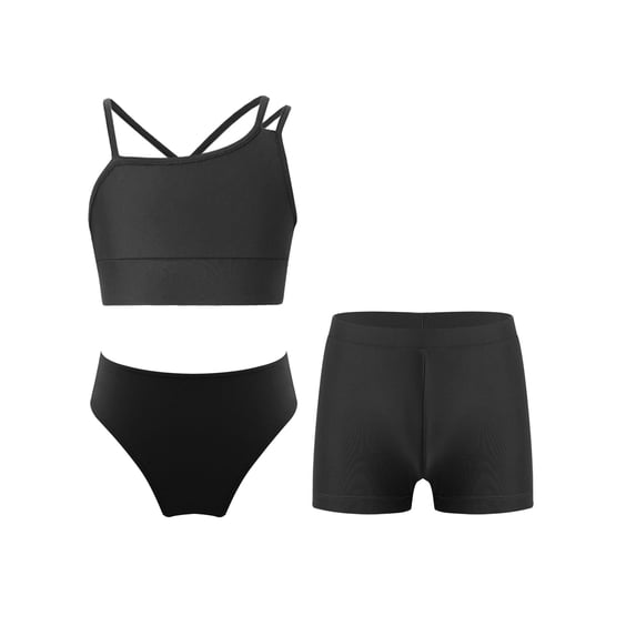 Zaldita Girls 3 Pcs Athletic Swimwear Floral Bikini Top with Breif Boardshorts Beach Tankini Black 8