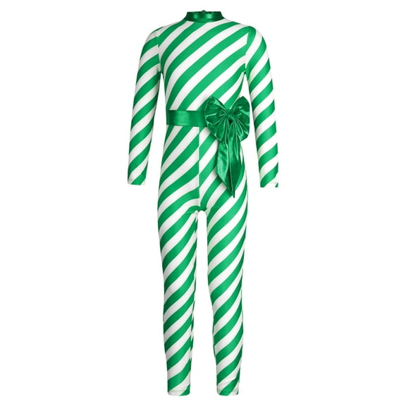 Zaldita Girls Boys Christmas Candy Cane Costume Long Sleeve Bow-knot Jumpsuit Striped Dance Unitard Green 14