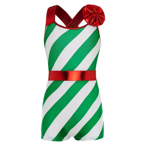 Zaldita Girls Christmas Candy Cane Striped Unitard Kids Criss Cross Back Ballet Jumpsuit Dance Green 6