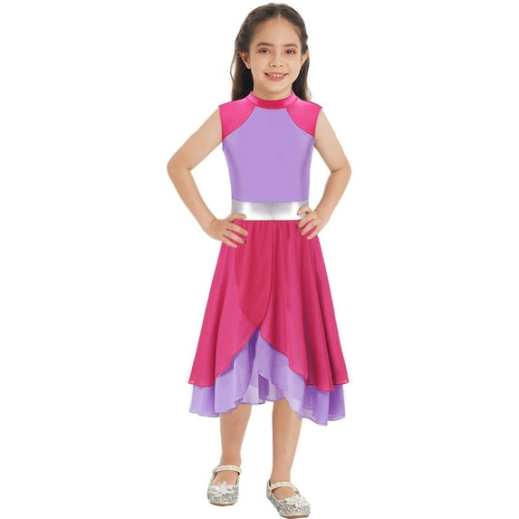 Zaldita Girls Kids Color Block Praise Lyrical Dance Dress Sleeveless Liturgical Worship Tunic Asymmetrical Hem Dancewear Hot Pink&Lavender 12