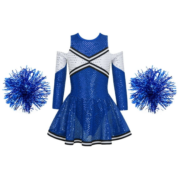 Zaldita Girls Halloween Cheer Leader Outfits Kids Long Sleeve Off Shoulder Cheerleading Dance Dress Royal Blue 6