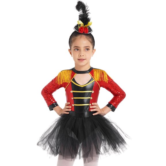 Zaldita Girls Halloween Circus Ringmaster Coatume Magician Sequin Tassel Dance Leotard Dress with Hat Red 10