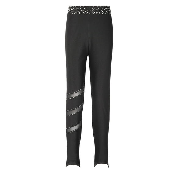 Zaldita Girls Ice Skating Tights Sparkly Rhinestones Pants Kids Yoga Dance Leggings Sheer Patchwork Black 16