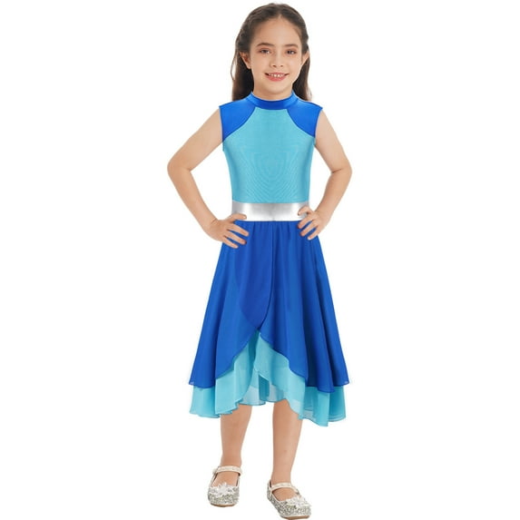 Zaldita Girls Kids Color Block Praise Lyrical Dance Dress Sleeveless Liturgical Worship Tunic Asymmetrical Hem Dancewear Blue 10