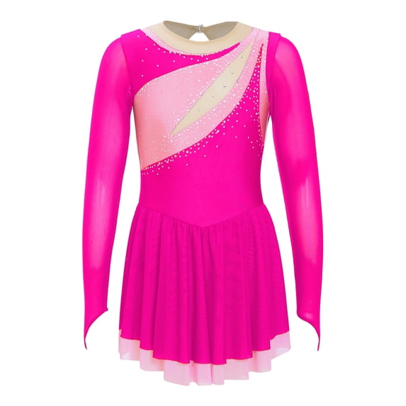Zaldita Girls Long Sleeve Color Block Ballet Ice Skating Dress Sheer Mesh Ruffle Hem Dress Ballroom Hot Pink 10