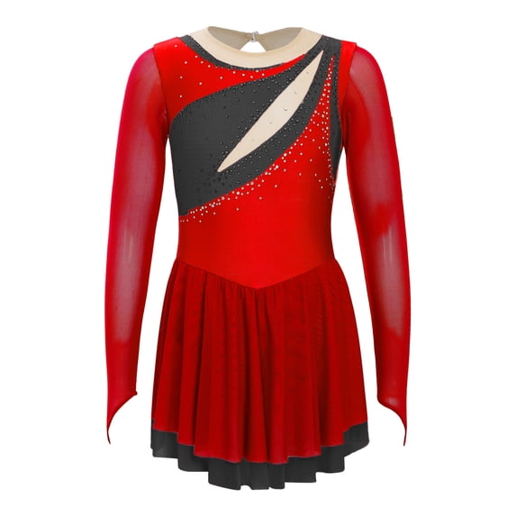 Zaldita Girls Long Sleeve Color Block Ballet Ice Skating Dress Sheer Mesh Ruffle Hem Dress Ballroom Red 10