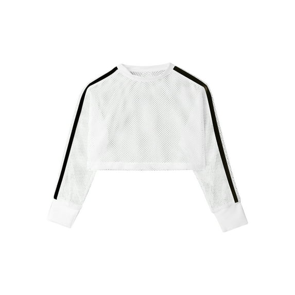 Zaldita Girls Mesh Crop Tops Long Sleeve Fishnet Pullover Dance Athletic Tee Shirt Modest Streetwear Ivory 10