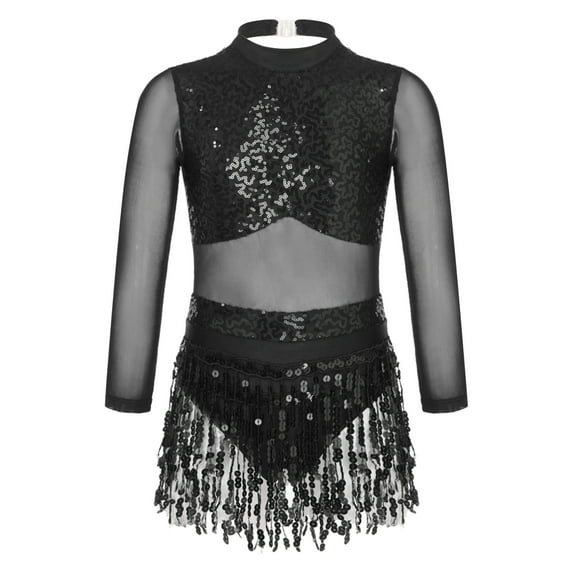 Zaldita Girls Mesh Splice Shiny Sequined Long Sleeve Tassel Dress Latin Salsa Samba Jazz Modern Ballroom Dancewear Black 14
