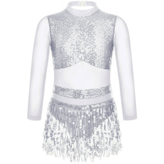 Zaldita Girls Mesh Splice Shiny Sequined Long Sleeve Tassel Dress Latin Salsa Samba Jazz Modern Ballroom Dancewear Silver 14