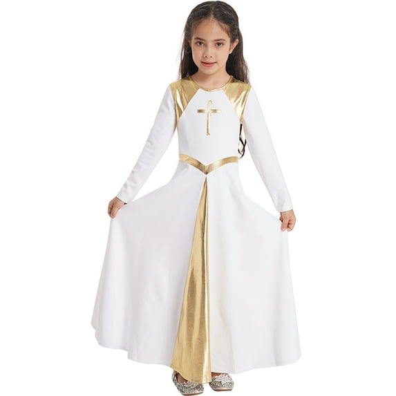 Zaldita Girls Metallic Cross Liturgical Praise Dance Dress Ballet Lyrical Dancewear Color Block Full Length Robe Worship White 14
