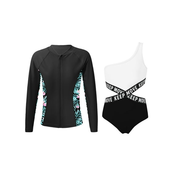 Zaldita Girls Rash Guard Set 2-Piece Long Sleeve Swimsuit Kids Bathing Suit UPF50 Quick Dry Swimwear Zipper Black 14