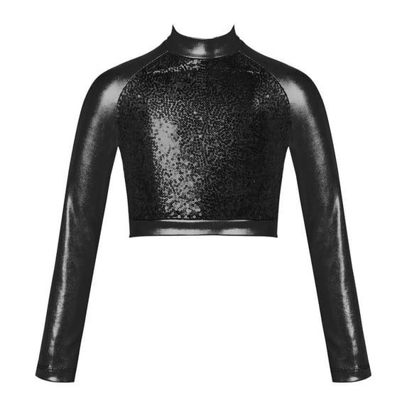 Zaldita Girls Sequins Metallic Dance Crop Tops Kids Long Sleeve Mock Neck Tank Tee Gymnastics Ballet Costumes Black 10