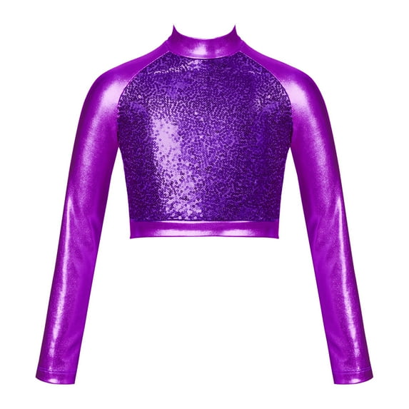 Zaldita Girls Sequins Metallic Dance Crop Tops Kids Long Sleeve Mock Neck Tank Tee Gymnastics Ballet Costumes Purple 12