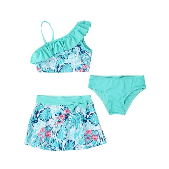 Zaldita Girls Swimsuits with Beach Skirts Kids 3 Piece Bikini Bathing Suits Tropical Print Swimwear Mint Green 14