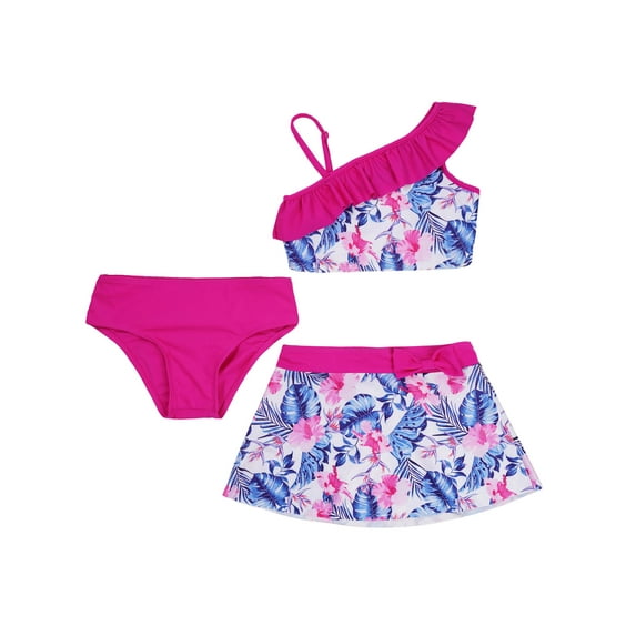Zaldita Girls Swimsuits with Beach Skirts Kids 3 Piece Bikini Bathing Suits Tropical Print Swimwear Rose Red 12