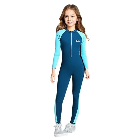 Zaldita Kids Boys Girls Color Block One Piece Swimsuit Long Sleeve Rash Guard Swimwear Wetsuit Sky Blue 9-10