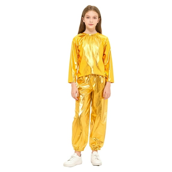 Zaldita Kids Boys Girls Shiny Metallic Jazz Hip Hop Dance Outfits Long Sleeve T-Shirts and Pants Performance Dancewear Gold 15-16