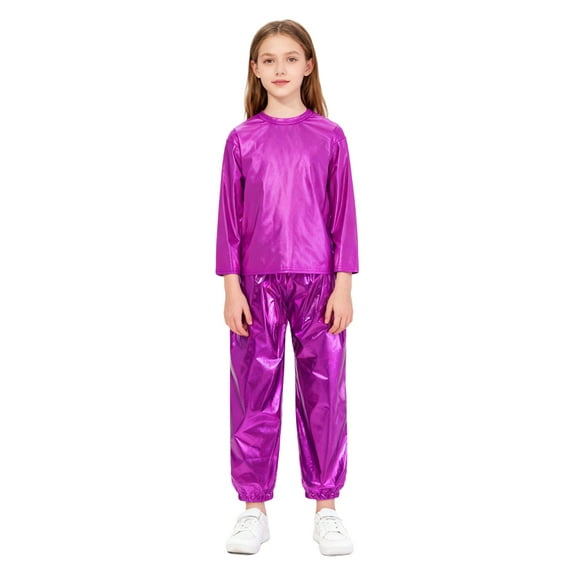 Zaldita Kids Boys Girls Shiny Metallic Jazz Hip Hop Dance Outfits Long Sleeve T-Shirts and Pants Performance Dancewear Hot Pink 5-6