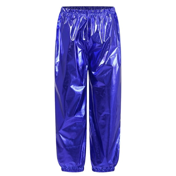 Zaldita Kids Boys Girls Shiny Metallic Pants Loose Hippie Trousers for Jazz Hip Hop Dance Costume Blue 120