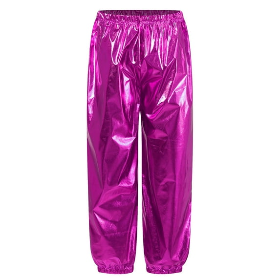 Zaldita Kids Boys Girls Shiny Metallic Pants Loose Hippie Trousers for Jazz Hip Hop Dance Costume Hot Pink 120