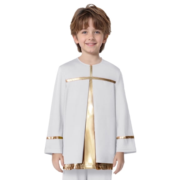 Zaldita Kids Boys Long Sleeve Praise Dance Pullover Top Metallic Cross Splice Liturgical Worship Dance Shirt Dancewear A White 6