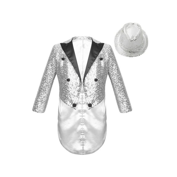 Zaldita Kids Boys Tuxedos Blazer Suit Jacket Sparkly Sequin Long Sleeve Lapel Tailcoat with Hat Silver 6