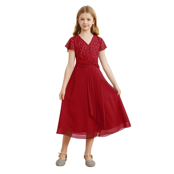 Zaldita Kids Flower Girl Chiffon Wedding Dress Cap Sleeve Ruched Junior Bridesmaid Dresses Burgundy 8